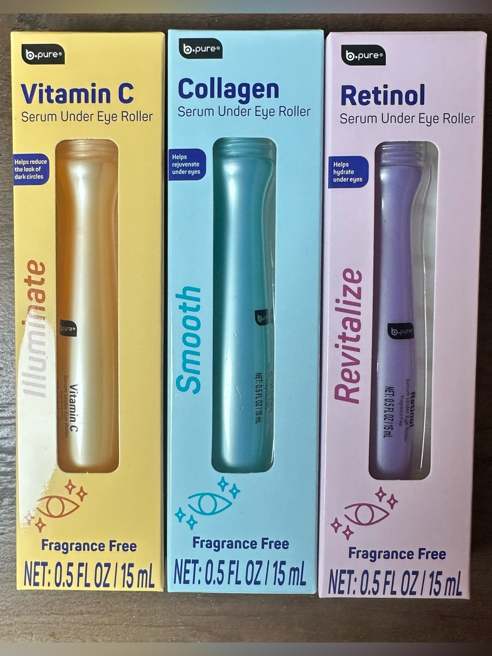 B Pure Set Of 3 Serum Under Eye Roller ~ Collagen/ Vitamin C/ Retinol ~ BNIB